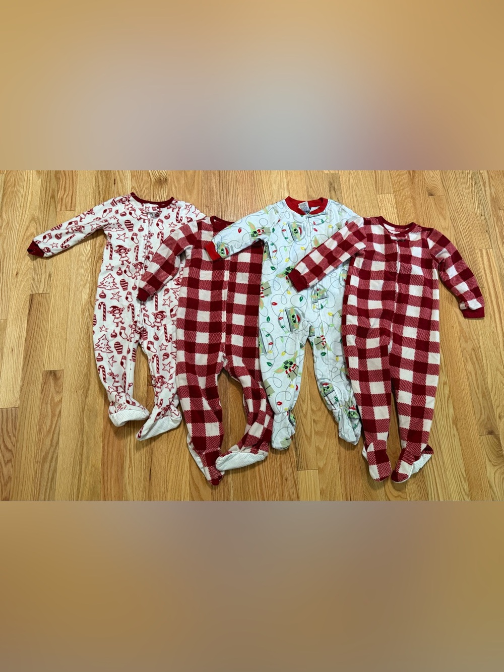 Kids Red Plaid and White Holiday One-Piece Footed Pajamas - Set of 4